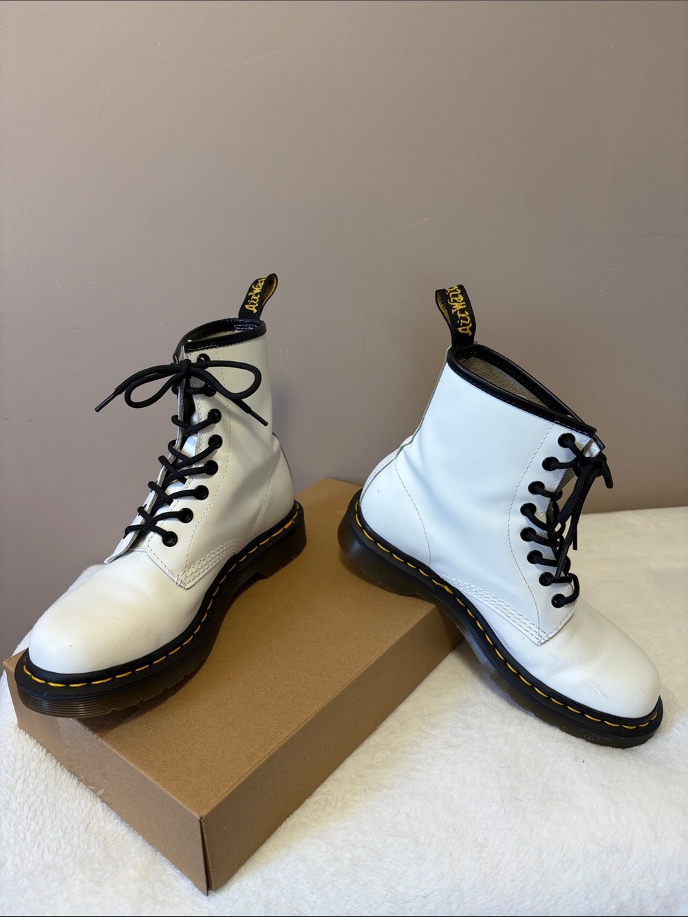 Dr. Doc Martens White Leather 8-Eye Lace-Up Boots with Black Accents